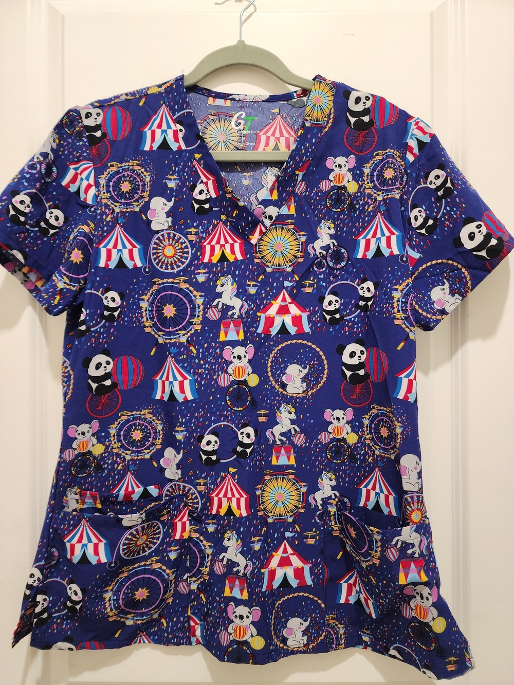 Womens Carnival Print V-Neck Scrub Top - Blue Medium